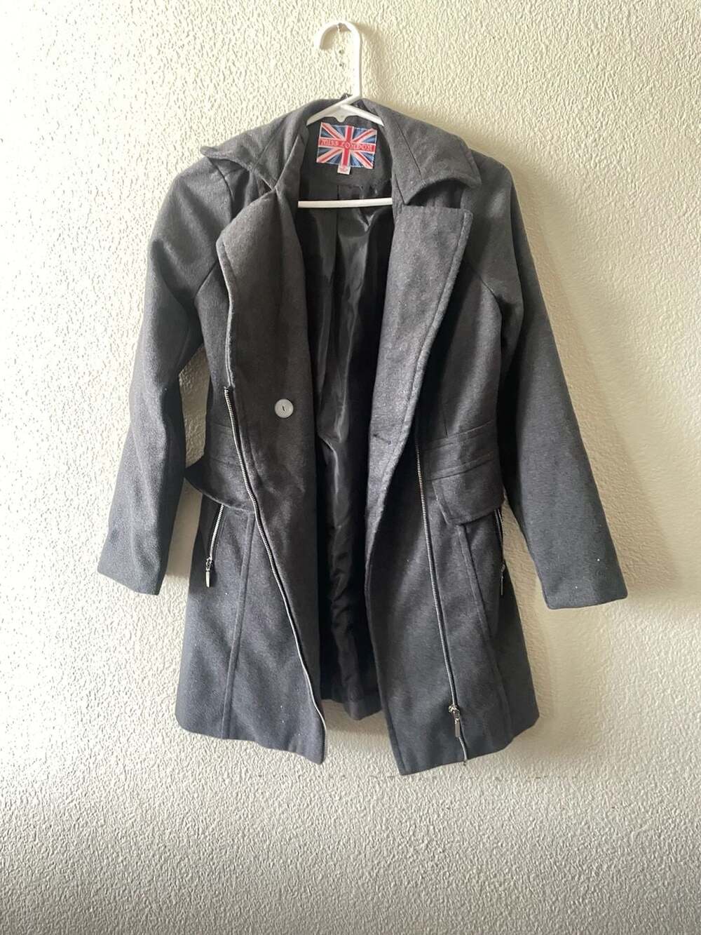 Miss London Gray Wool Blend Zip-Up Hooded Walking Coat Size S